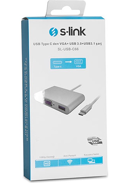 S-link SL-USB-C66 Type-C to VGA+usb3.0+pd Kablo