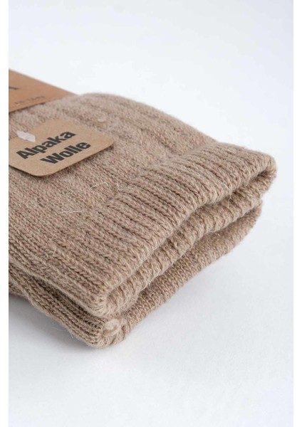 Unisex Alpaka Yünü Havlu Kışlık Bej/turuncu Soket Çorap - A-6005
