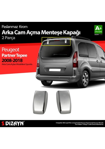 Drs Tuning Peugeot Partner Tepee Krom Arka Cam Açma Menteşe Kapağı 2 Prç 2008-2018