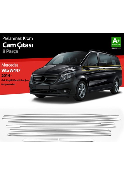 Mercedes Vito W447 Krom Cam Alt Çıtaları 8 Prç. (Tek Sürgülü Kapı-L1 Kısa Şasi) 2014 Üzeri