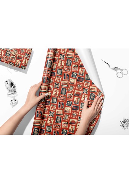 50 x 70 cm Seyahat Gezi Pul Ingiltere Temalı Hediye Paketleme Ambalaj Kağıdı (Paket Içi 6'lı)