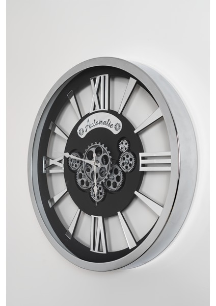 Premium Gümüş Metal Döner Çarklı Camlı 60 cm Duvar Saati,krom Metal Çarklı Duvar Saati