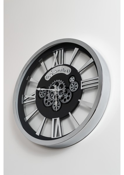 Premium Gümüş Metal Döner Çarklı Camlı 60 cm Duvar Saati,krom Metal Çarklı Duvar Saati
