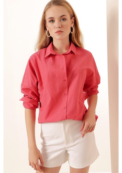 Kadın Nar Çiçeği Yeşili Oversize Uzun Basic Gömlek HZL22W-BD139001