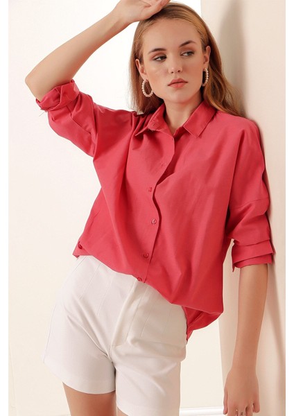 Kadın Nar Çiçeği Yeşili Oversize Uzun Basic Gömlek HZL22W-BD139001 fiyatları