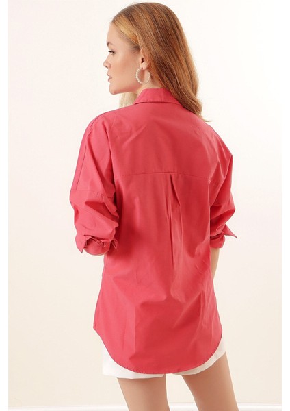 Kadın Nar Çiçeği Yeşili Oversize Uzun Basic Gömlek HZL22W-BD139001 fırsatları