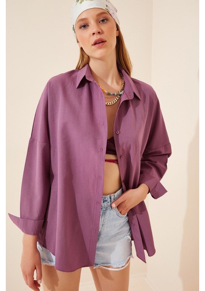 Kadın Koyu Lila Oversize Uzun Basic Gömlek HZL22W-BD139001 modelleri