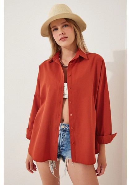 Kadın Kiremit Oversize Uzun Basic Gömlek HZL22W-BD139001