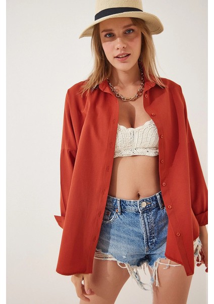 Kadın Kiremit Oversize Uzun Basic Gömlek HZL22W-BD139001 fiyatları