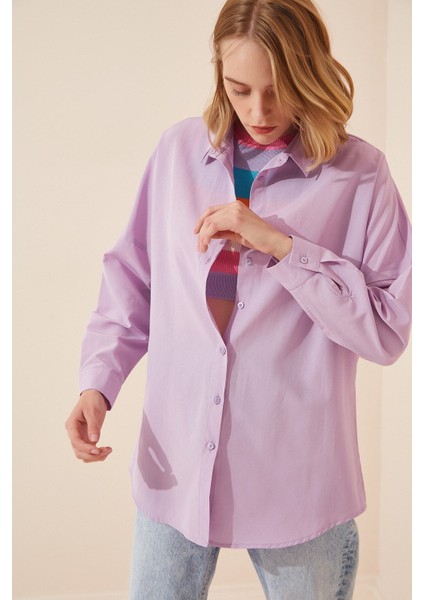 Kadın Açık Lila Oversize Uzun Basic Gömlek HZL22W-BD139001 modelleri