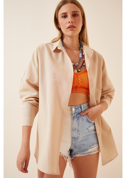 Kadın Bej Oversize Uzun Basic Gömlek HZL22W-BD139001 modelleri
