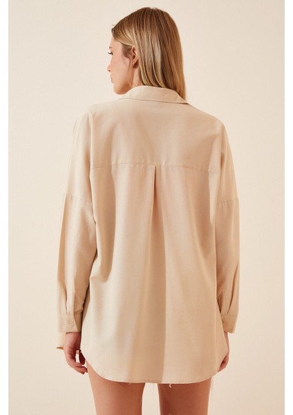 Kadın Bej Oversize Uzun Basic Gömlek HZL22W-BD139001 fırsatları