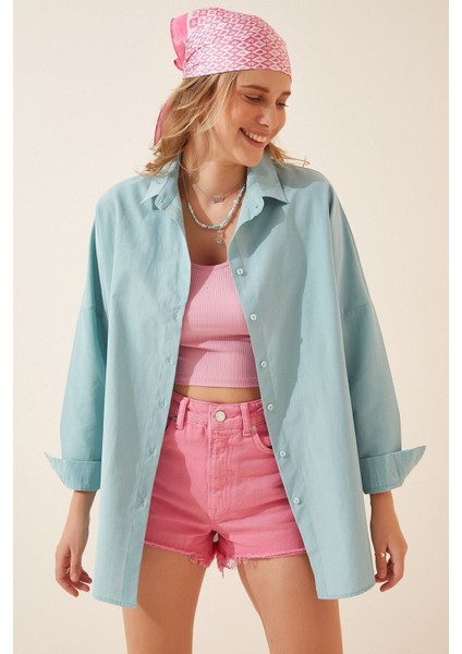 Kadın Su Yeşili Oversize Uzun Basic Gömlek HZL22W-BD139001 fiyatları
