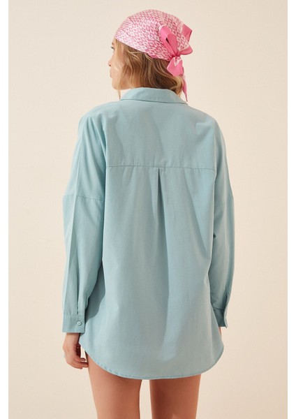Kadın Su Yeşili Oversize Uzun Basic Gömlek HZL22W-BD139001 modelleri