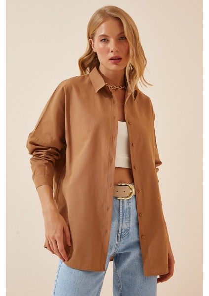 Kadın Camel Oversize Uzun Basic Gömlek HZL22W-BD139001 fiyatları
