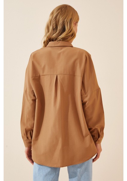 Kadın Camel Oversize Uzun Basic Gömlek HZL22W-BD139001 modelleri