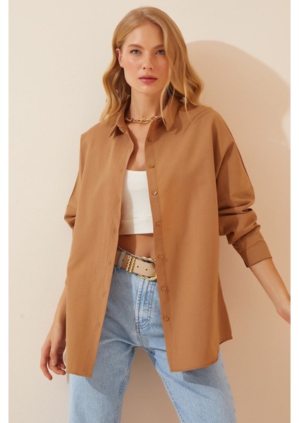 Kadın Camel Oversize Uzun Basic Gömlek HZL22W-BD139001 fırsatları