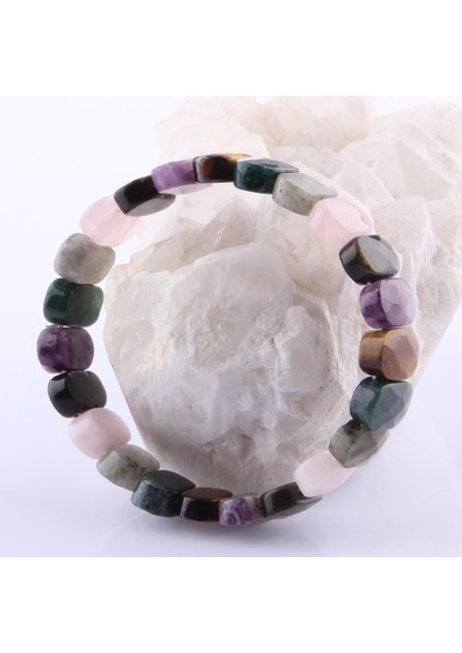 Sertifikalı Y.akik Kaplan Gözü Ametist Obsidyen P. Kuvars Labrodorit 9X14 mm Doğal Taş Bileklik