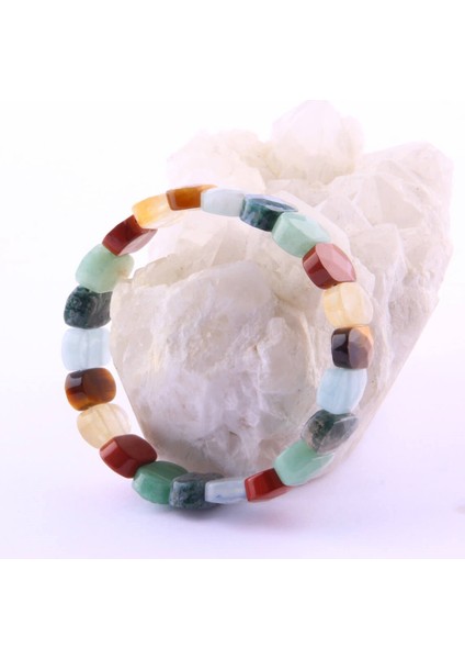 Sertifikalı Akik Aventurin Jasper Akuamarin Kaplan Gözü Dönüşümlü Sitrin 9X14M Doğal Taş Bileklik