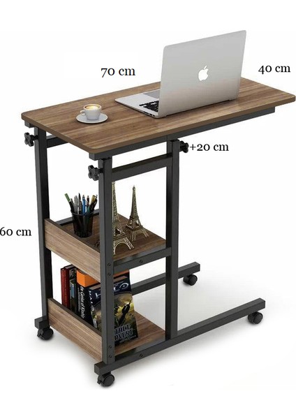 Yükseklik Ayarlı Raflı Laptop Sehpası ve Çalışma Masası - Ceviz (Tekerli)