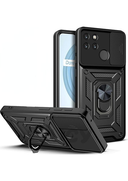 Realme C25Y Uyumlu Kılıf Kamera Korumalı Sürgülü Yüzüklü Armor Military Tank Kapak