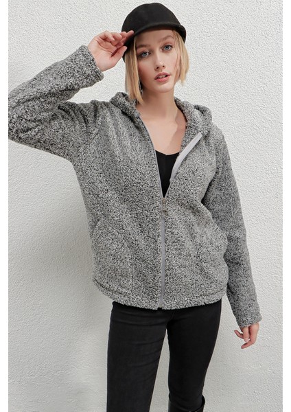 Kadın Welsoft Esnek Kumaş Gri Peluş Yumoş Önü Fermuarlı Kapüşonlu Ceket HZL23W-DSB110081