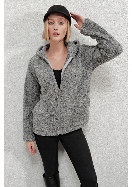 Kadın Welsoft Esnek Kumaş Gri Peluş Yumoş Önü Fermuarlı Kapüşonlu Ceket HZL23W-DSB110081 fiyatları