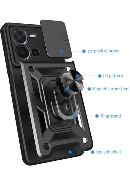 Vivo Y35 Kılıf Kamera Korumalı Sürgülü Yüzüklü Standlı Pars + Ekran Koruyucu