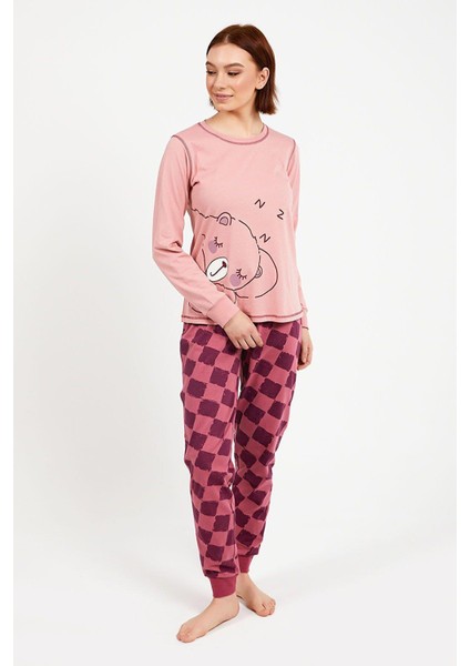 2981 Bear Pembe Kadın Uzun Kol Pijama Takım