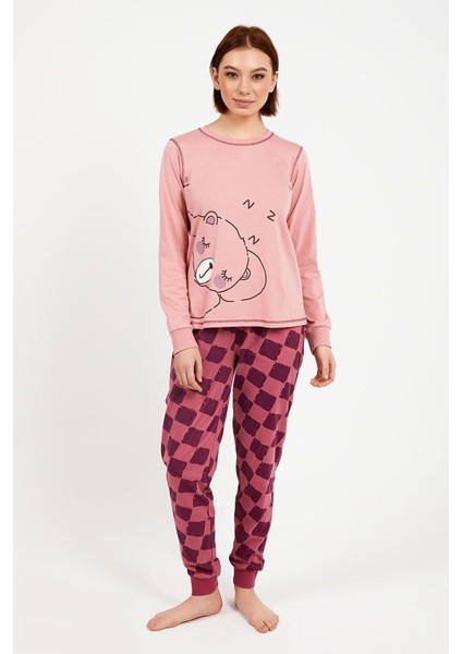 2981 Bear Pembe Kadın Uzun Kol Pijama Takım modelleri