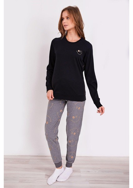 2180 Smile Siyah Kadın Uzun Kol Pijama Takım
