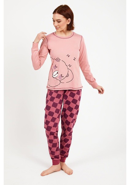 2981 Bear Pembe Kadın Uzun Kol Pijama Takım