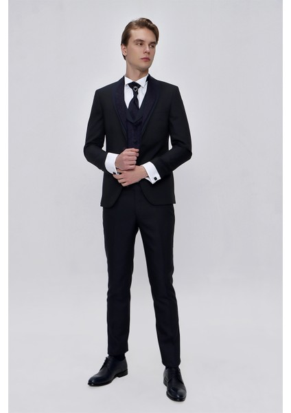 Erkek Lacivert Santos Çıkma Yaka Slim Fit Damatlık