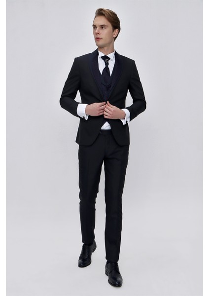 Erkek Lacivert Santos Çıkma Yaka Slim Fit Damatlık