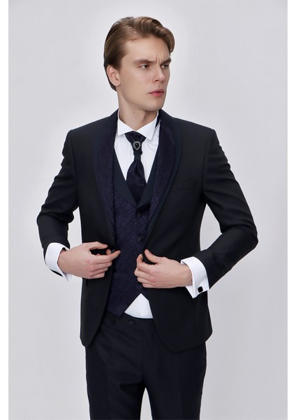 Erkek Lacivert Santos Çıkma Yaka Slim Fit Damatlık