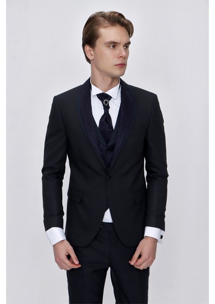 Erkek Lacivert Santos Çıkma Yaka Slim Fit Damatlık