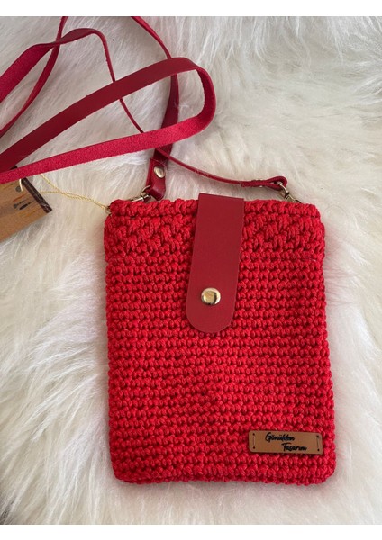 17X12 cm Deri Askılı ve Deri Kapama El Örmesi Telefon Çantası