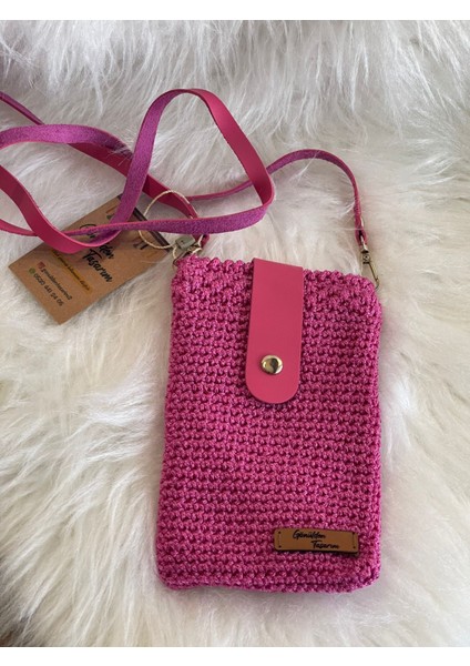 17X12 cm Deri Askılı ve Deri Kapama El Örmesi Telefon Çantası