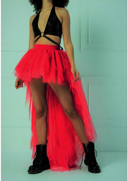 Gotik Etek Kırmızı Kabarık Çok Katmanlı Ön Kısa Mini Arkası Uzun Peri Etek
