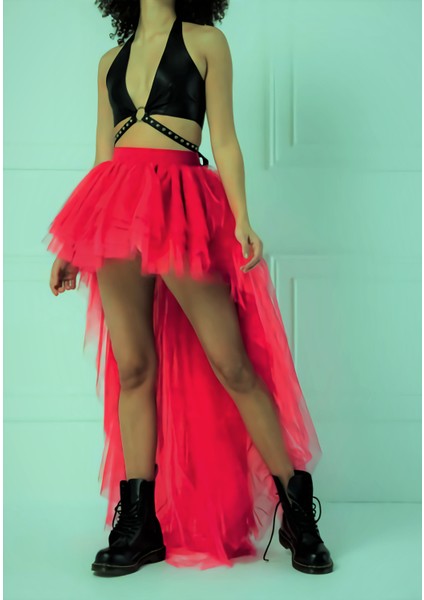 Gotik Etek Kırmızı Kabarık Çok Katmanlı Ön Kısa Mini Arkası Uzun Peri Etek fiyatları