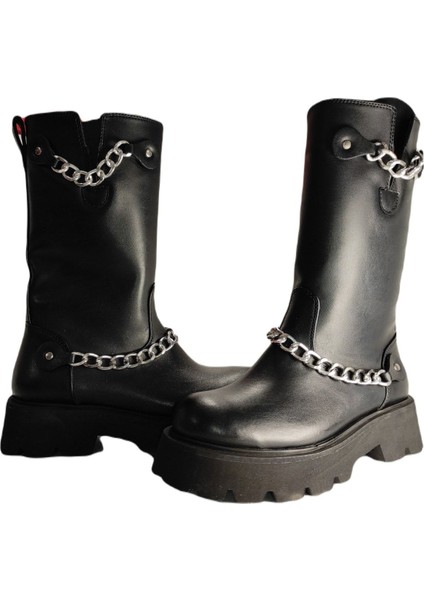 Millennium Kadın Zincir Detaylı Fermuarlı Siyah Kalın Taban Bot