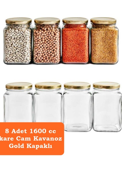 Karçiçeği Home 8'li 1600 ml Köşeli Kapaklı Cam Kavanoz - Gold Kapak