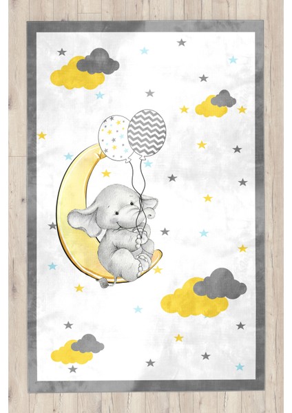 Sevimli Balonlu Fil Bambu Çocuk Odası Halısı