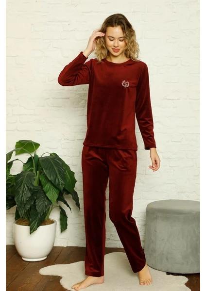 Bordo Ipeksi Kadife Pijama Takımı 2598UK