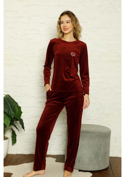 Bordo Ipeksi Kadife Pijama Takımı 2598UK