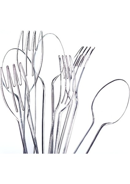 Kalın Plastik Çatal ve Kaşık Seti Lüks 200 Adet Şeffaf Kaşık ve Çatal