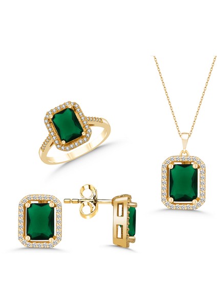 Yeşil Taşlı Gold Gümüş Takı Seti