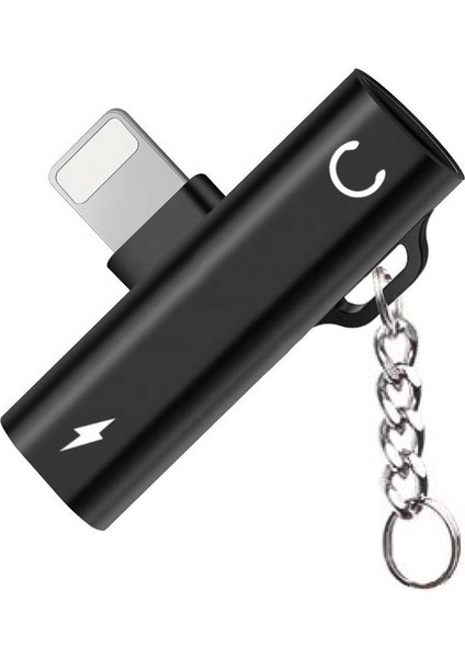Fitplus FT-AC34 Lightning Şarj + Kulaklık Çoğaltıcı Mini Askılı Adaptör Siyah