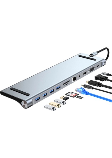 11 In 1 Type-C To Audio Port/3x USB 3.1 SD/RJ45/DP/HDMI/VGA/TYPE-C Macbook Çoklayıcı Adaptör