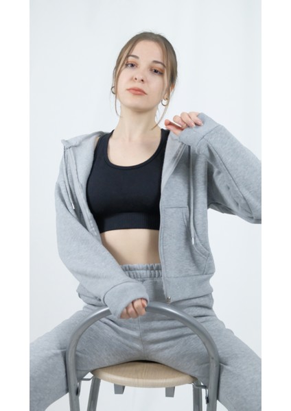 Oversize Fermuarlı Krop Sweatshirt/eşofman Altı Takım 3 Iplik Şardonlu